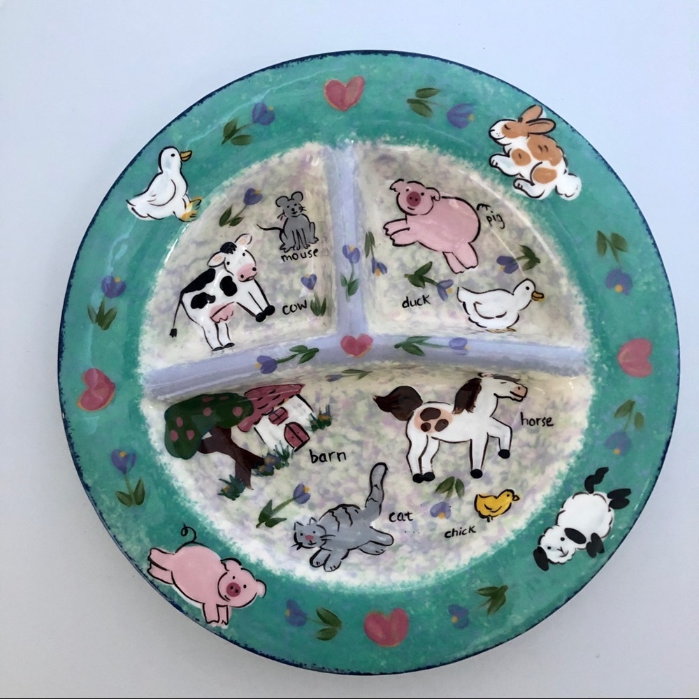 Lesal Ceramic 8 3/4” Feeding Bowl Baby’s Farm Animals & Hearts. Beautiful piece